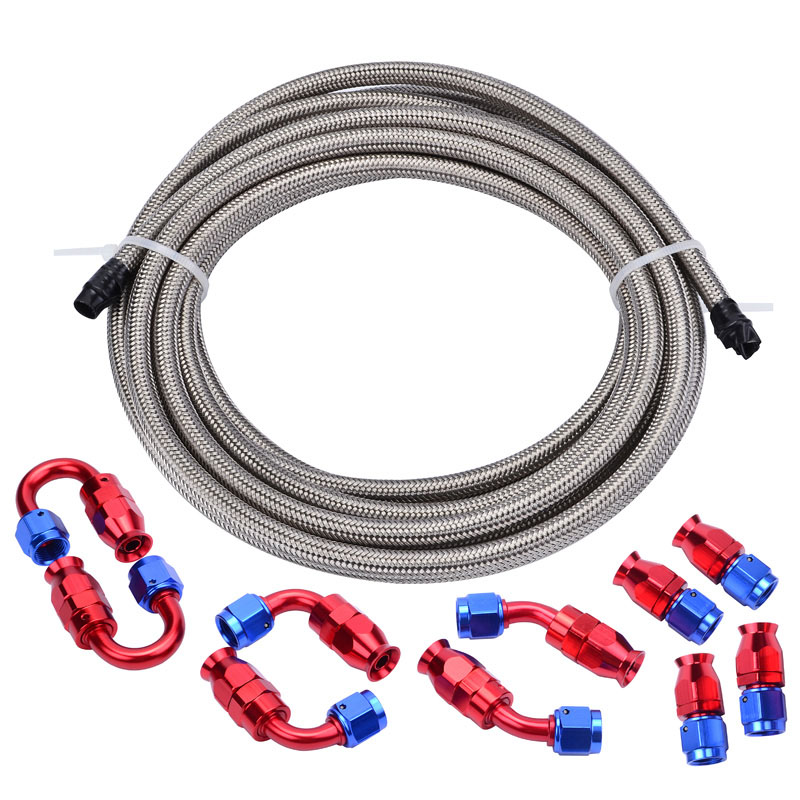 Templehorse 16Ft 8AN Oil Hose Line 3/8 Nylon Braided+AN8 Hose End Fitting Adapter Kit 